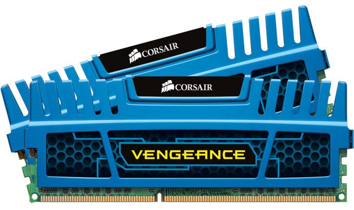 CORSAIR Vengeance 8GB DDR3 1600MHz memory modules with blue heatspreaders, designed for gaming and high-performance PCs.