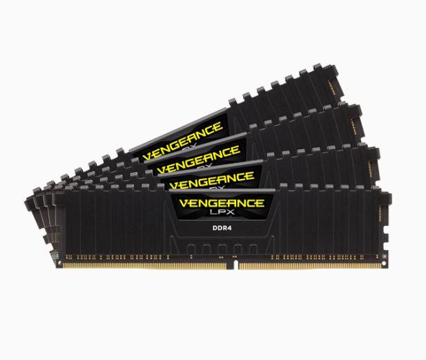 CORSAIR Vengeance LPX 128GB DDR4 memory kit with four 32GB modules in black color, featuring a low-profile design and anodized aluminum heat spreader.