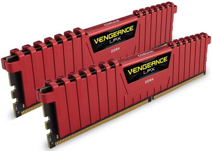 CORSAIR Vengeance LPX 16GB DDR4 2400MHz memory modules in red with aluminum heatspreaders, designed for high-performance gaming.