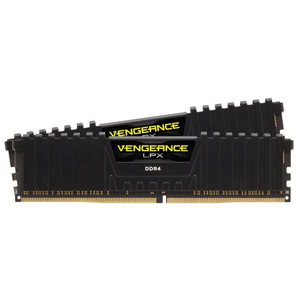 CORSAIR Vengeance LPX 64GB DDR4 memory modules in black with aluminum heatspreaders, designed for high-performance gaming and overclocking.
