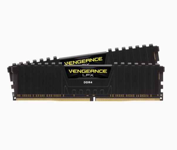 CORSAIR Vengeance LPX 64GB DDR4 memory kit featuring two 32GB modules with a sleek black anodized aluminum heat spreader.