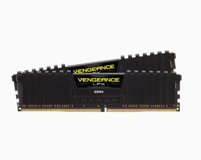 CORSAIR Vengeance LPX 64GB DDR4 memory kit with black aluminum heat spreader, designed for high-performance overclocking.