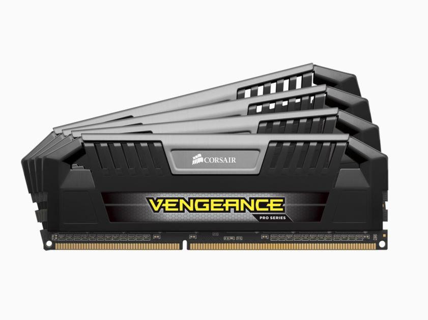 CORSAIR Vengeance Pro 32GB DDR3 memory kit with aluminum heat spreaders in black, designed for gaming performance.