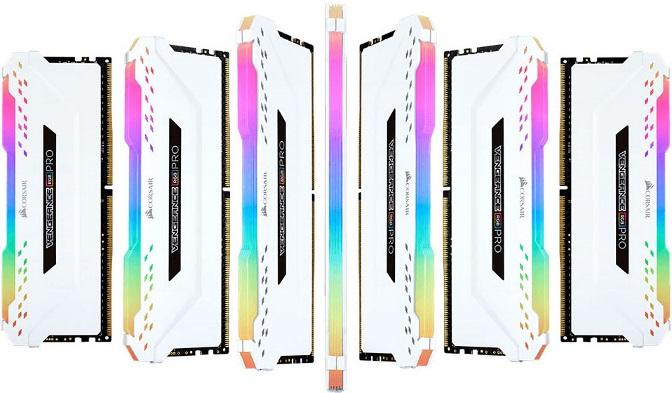 CORSAIR Vengeance RGB PRO 32GB DDR4 memory modules with dynamic RGB lighting and sleek white heat spreader.