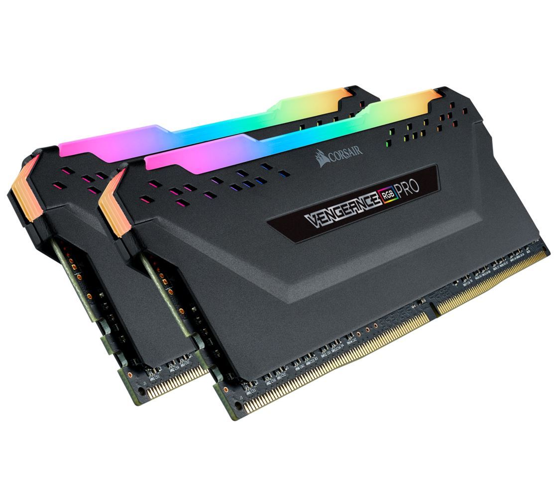 CORSAIR Vengeance RGB PRO 32GB DDR4 memory kit with dynamic RGB lighting and anodized aluminum heat spreader.