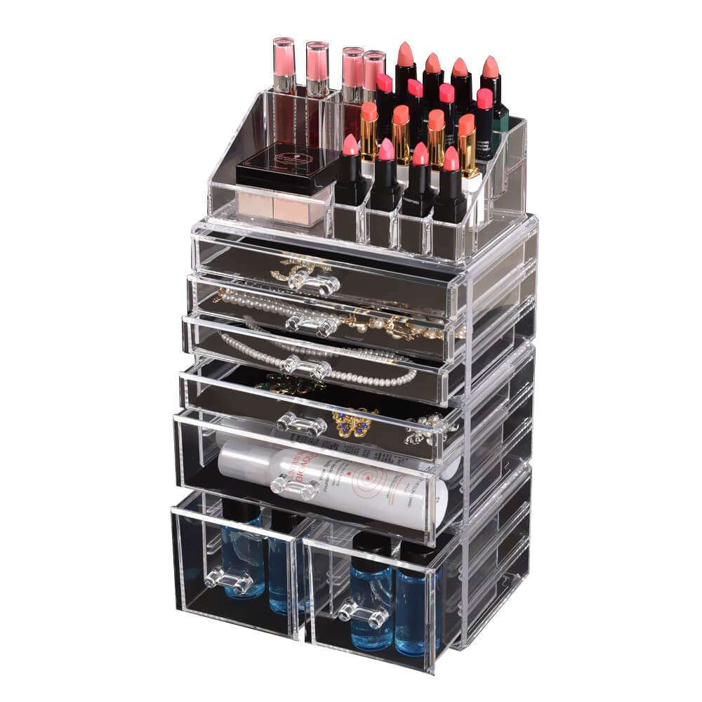 Transparent 7 drawer makeup organizer with jewelry holder, showcasing stylish design and ample storage space.