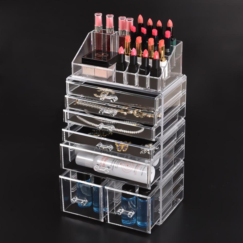 Transparent 7 drawer makeup organizer with jewelry holder, showcasing stylish design and ample storage space.