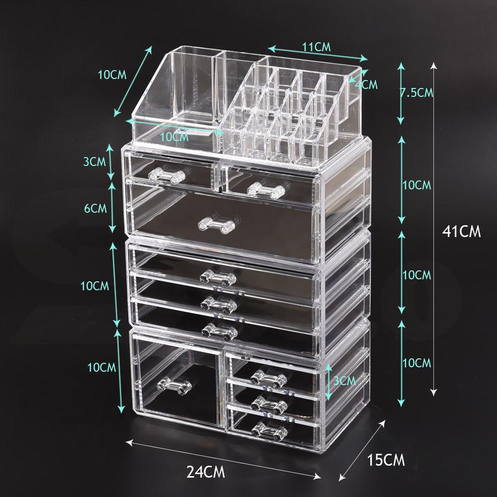 Transparent 7 drawer makeup organizer with jewelry holder, showcasing stylish design and ample storage space.