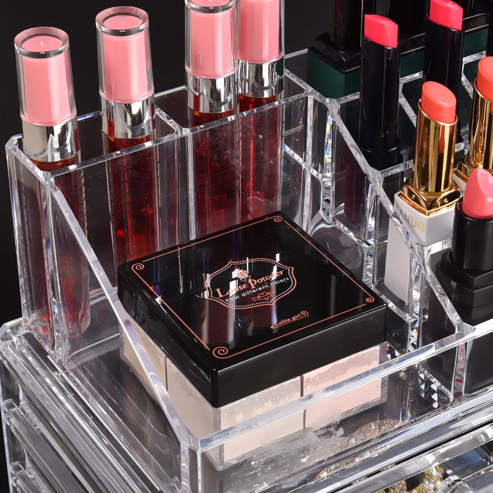 Transparent 7 drawer makeup organizer with jewelry holder, showcasing stylish design and ample storage space.
