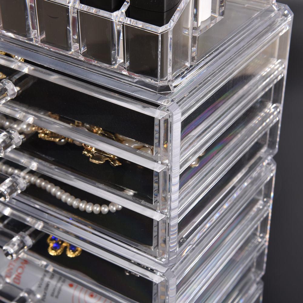 Transparent 7 drawer makeup organizer with jewelry holder, showcasing stylish design and ample storage space.