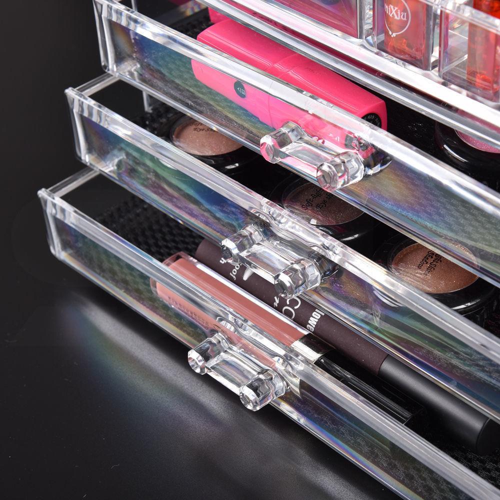 Transparent 7 drawer makeup organizer with jewelry holder, showcasing stylish design and ample storage space.