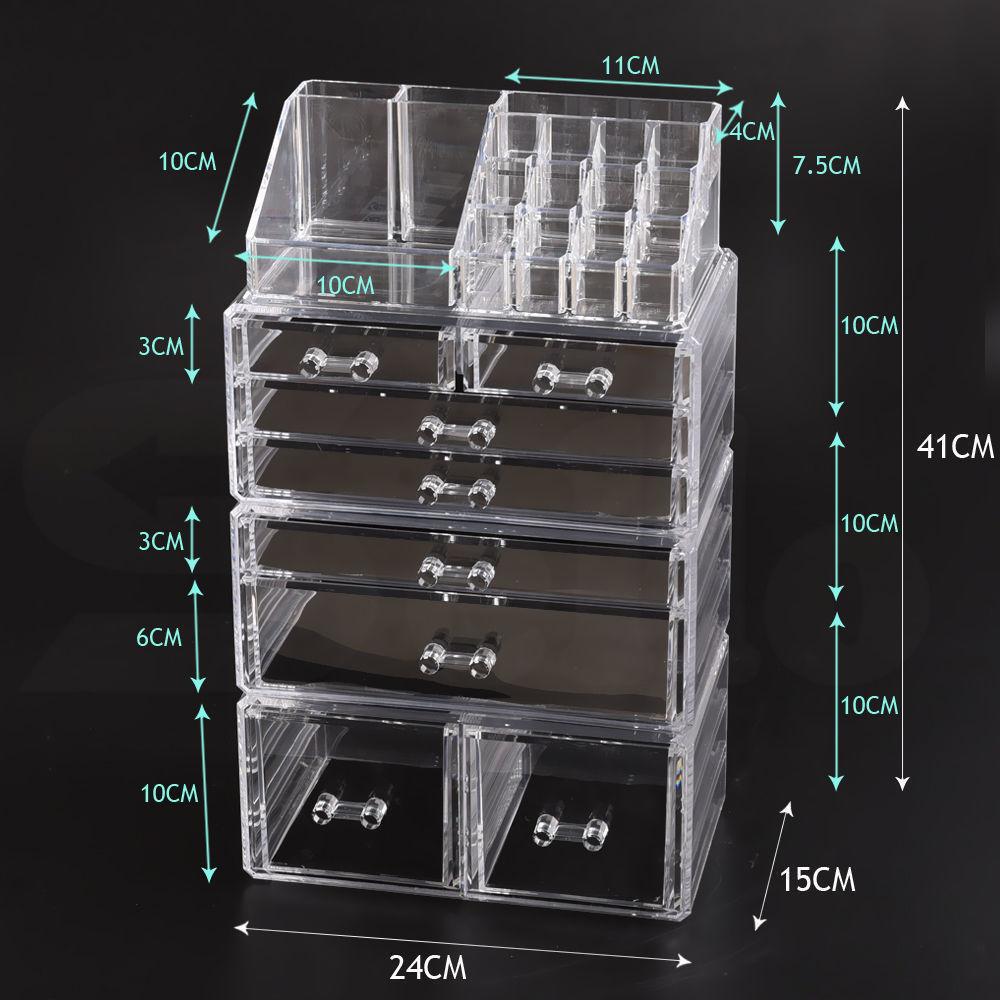 Transparent 7 drawer makeup organizer with jewelry holder, showcasing stylish design and ample storage space.