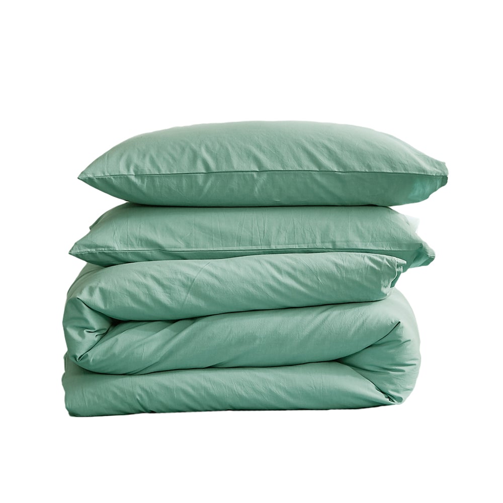 Cosy Club Duvet Cover Quilt Set in Essential Green, featuring soft washed cotton fabric and elegant textured design.