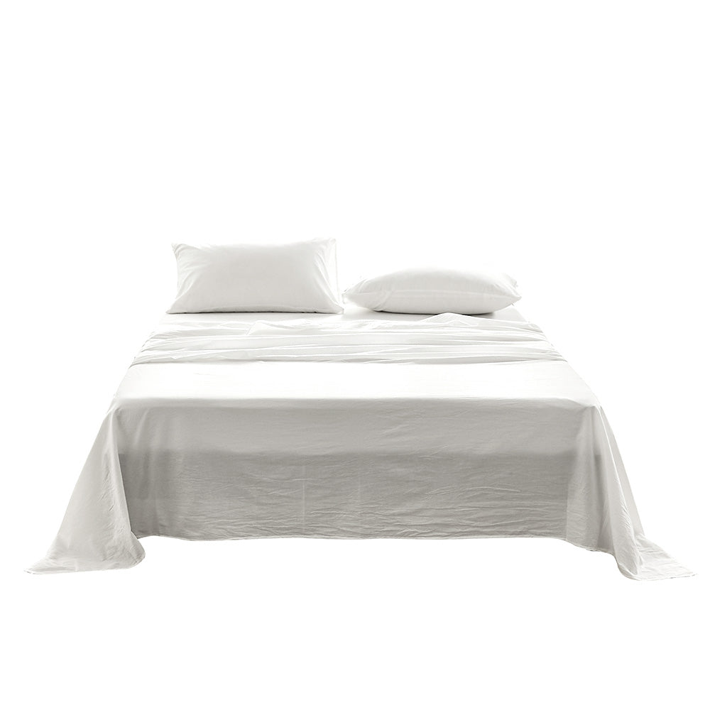 Cosy Club Sheet Set featuring white double flat cover and pillow cases made from 100% washed cotton, showcasing softness and comfort.