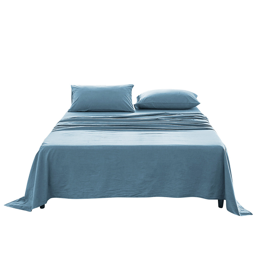 Cosy Club King Sheet Set in blue, featuring a flat cover and pillow case made from 100% washed cotton, showcasing softness and elegance.
