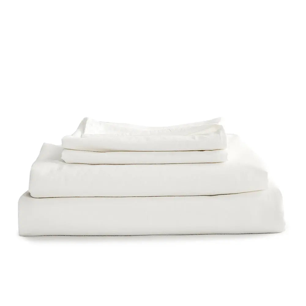 Cosy Club King Sheet Set in white, made from 100% washed cotton, featuring a flat sheet, fitted sheet, and pillow case, showcasing softness and comfort.