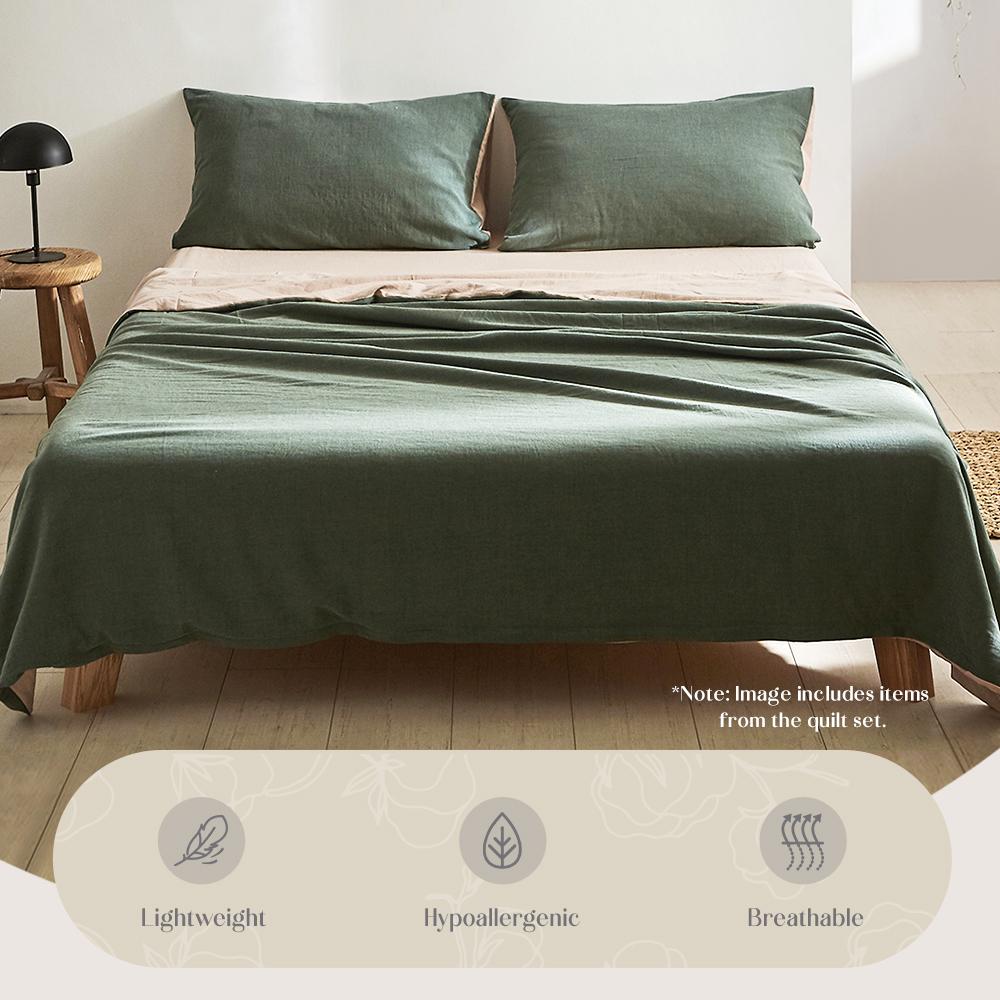 Cosy Club Double Green Beige Cotton Sheet Set featuring a soft texture and two-tone design, perfect for enhancing bedroom decor.