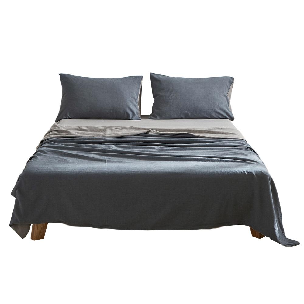 Cosy Club Cotton Sheet Set in Queen size featuring a stylish blue and dark grey two-tone design, made from 100% washed cotton.