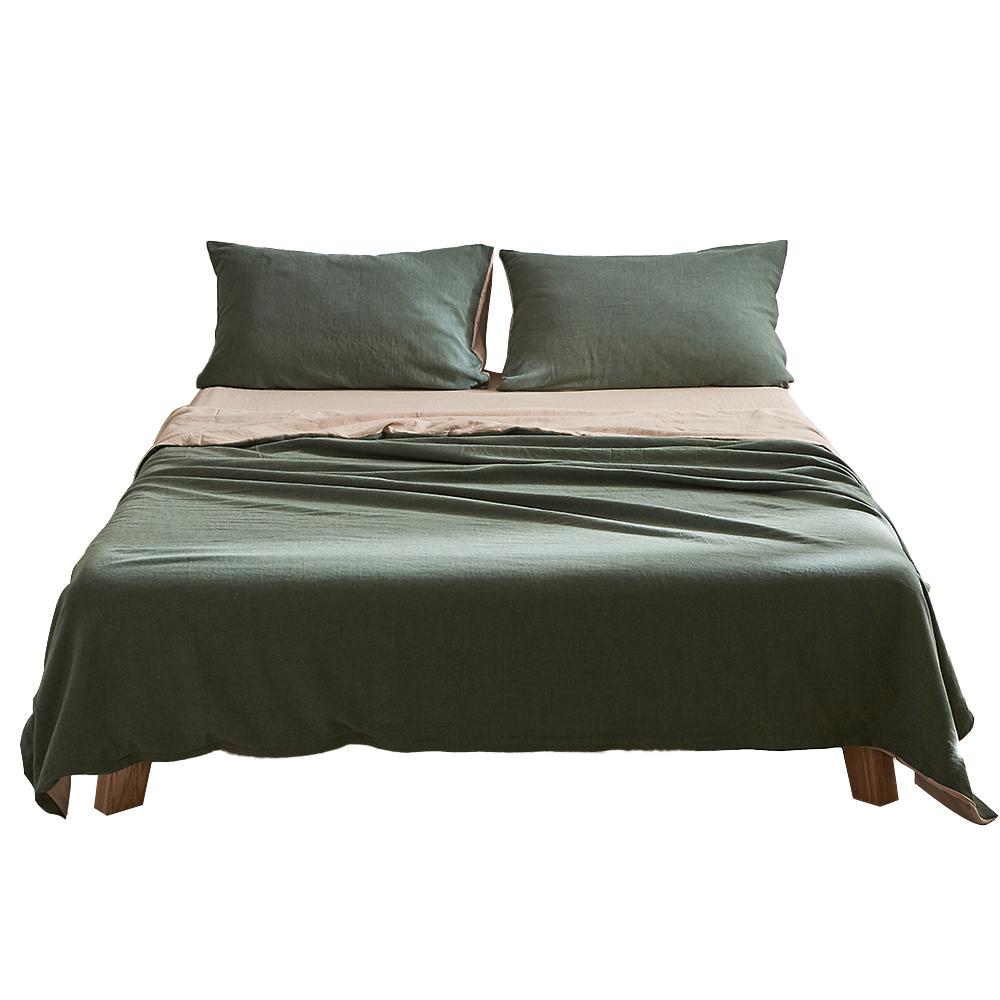 Cosy Club Queen Sheet Set in Green and Beige, showcasing soft washed cotton fabric with a two-tone design.