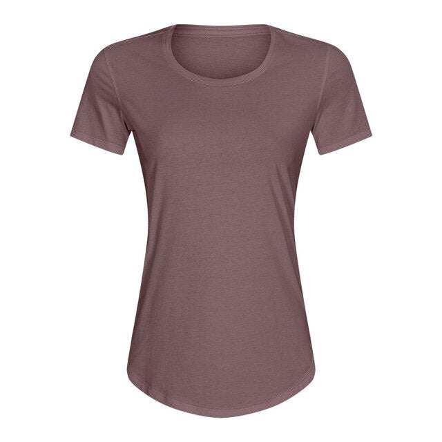 A stylish Cotton Yoga Exercise Workout T-shirt for women, featuring short sleeves and a hip-length design, perfect for workouts and casual wear.