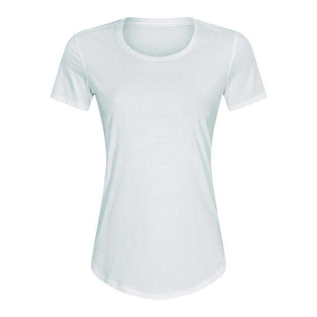 A stylish Cotton Yoga Exercise Workout T-shirt for women, featuring short sleeves and a hip-length design, perfect for workouts and casual wear.