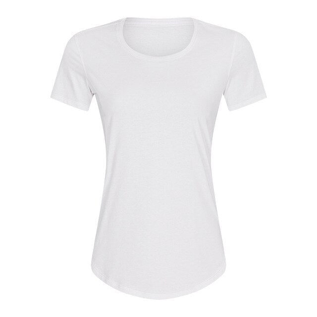 A stylish Cotton Yoga Exercise Workout T-shirt for women, featuring short sleeves and a hip-length design, perfect for workouts and casual wear.