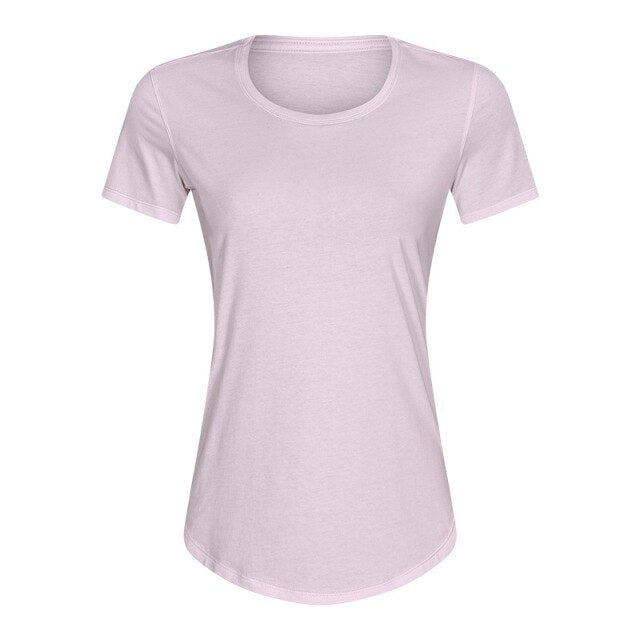 A stylish Cotton Yoga Exercise Workout T-shirt for women, featuring short sleeves and a hip-length design, perfect for workouts and casual wear.