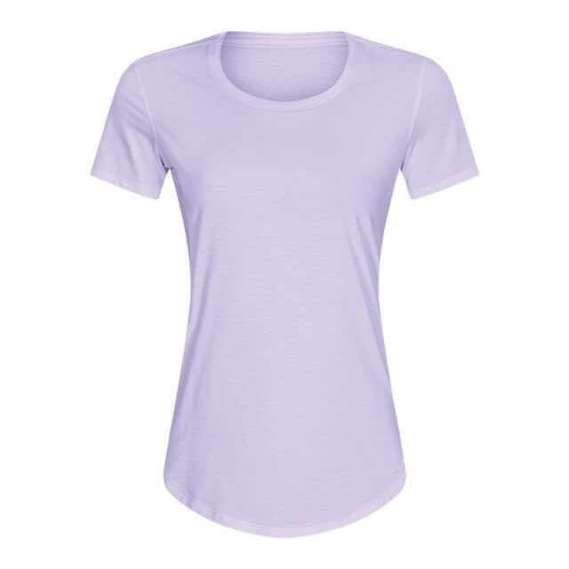 A stylish Cotton Yoga Exercise Workout T-shirt for women, featuring short sleeves and a hip-length design, perfect for workouts and casual wear.