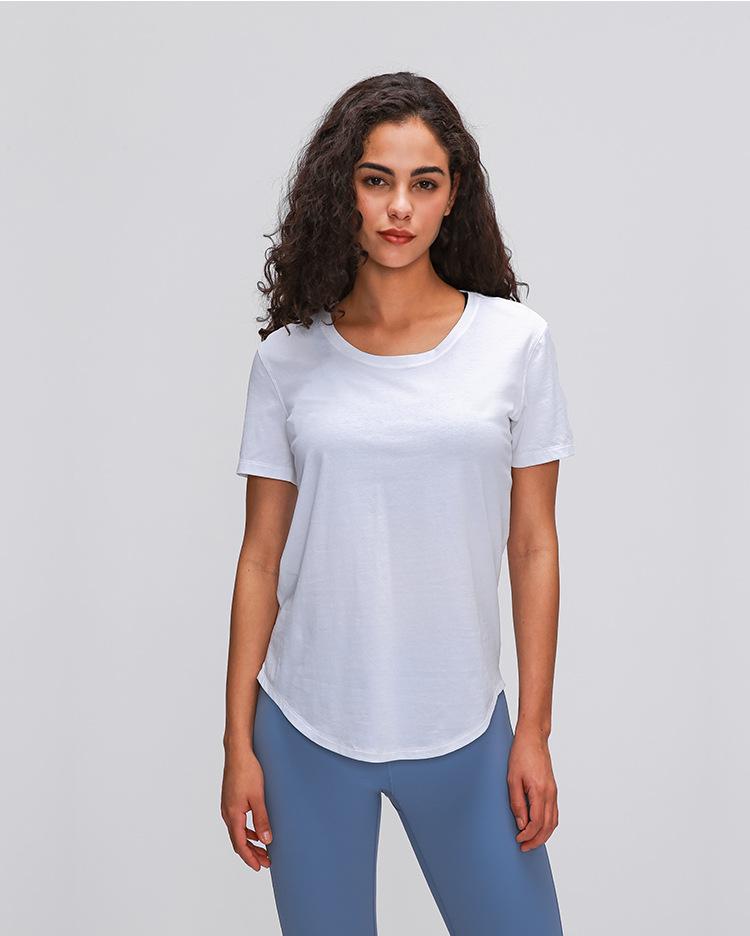 A stylish Cotton Yoga Exercise Workout T-shirt for women, featuring short sleeves and a hip-length design, perfect for workouts and casual wear.