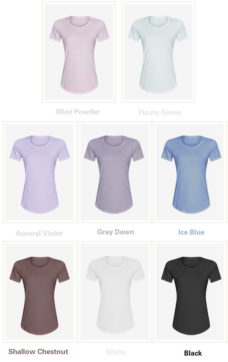 A stylish Cotton Yoga Exercise Workout T-shirt for women, featuring short sleeves and a hip-length design, perfect for workouts and casual wear.