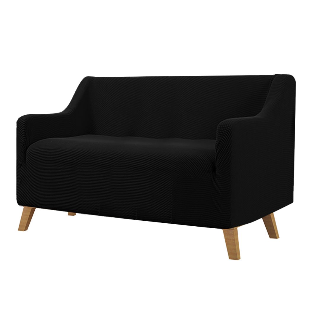 Black Couch Stretch Sofa Lounge Cover Protector Slipcover for 2 Seater, showcasing its high stretch material and well-stitched edges.
