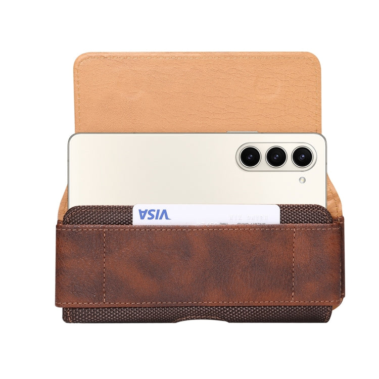 Brown cowhide texture waist hanging fold phone case, designed for Samsung and Huawei models, featuring a card slot and strong magnet.