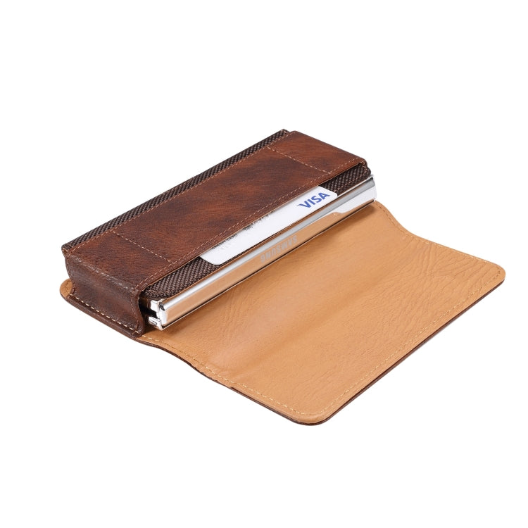 Brown cowhide texture waist hanging fold phone case, designed for Samsung and Huawei models, featuring a card slot and strong magnet.