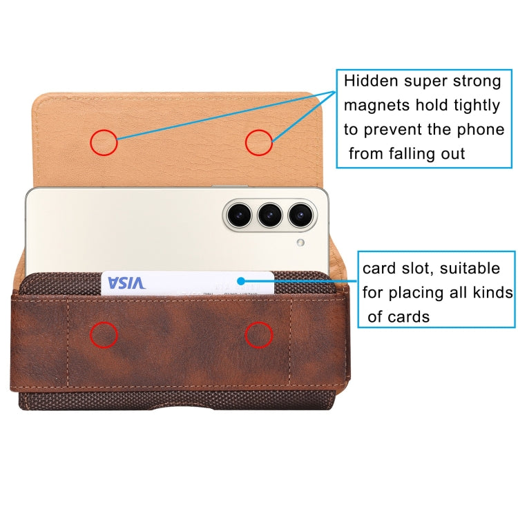 Brown cowhide texture waist hanging fold phone case, designed for Samsung and Huawei models, featuring a card slot and strong magnet.