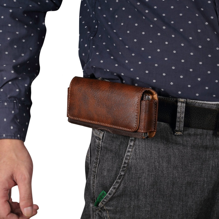 Brown cowhide texture waist hanging fold phone case, designed for Samsung and Huawei models, featuring a card slot and strong magnet.