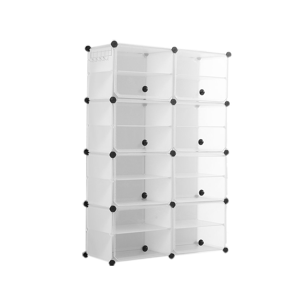 Cube Cabinet DIY Shoe Storage Cabinet with transparent cover and stackable design, showcasing organized shoes and a bonus hook rack.