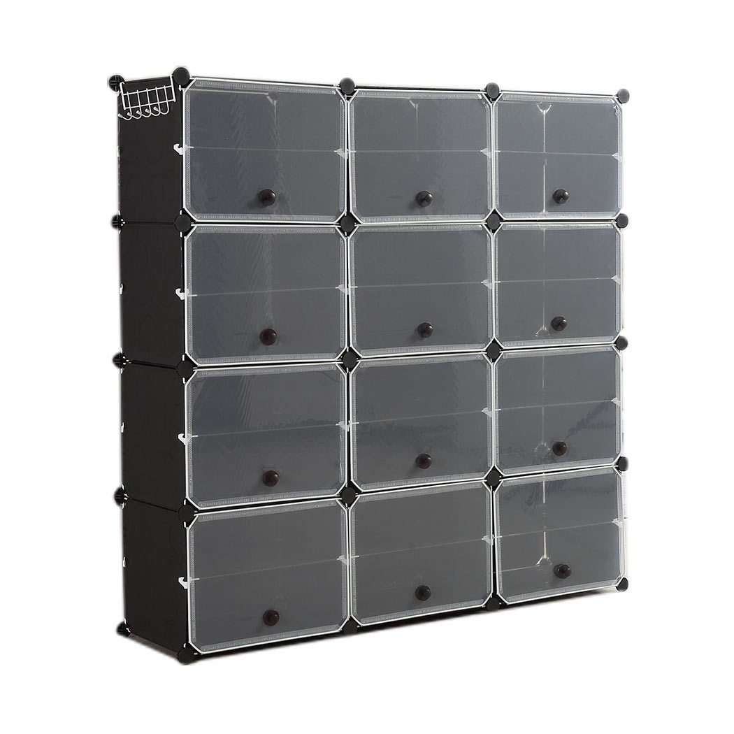 Cube Cabinet Shoe Storage with transparent cover and stackable design, featuring 8 tiers and a bonus hook rack for keys and accessories.