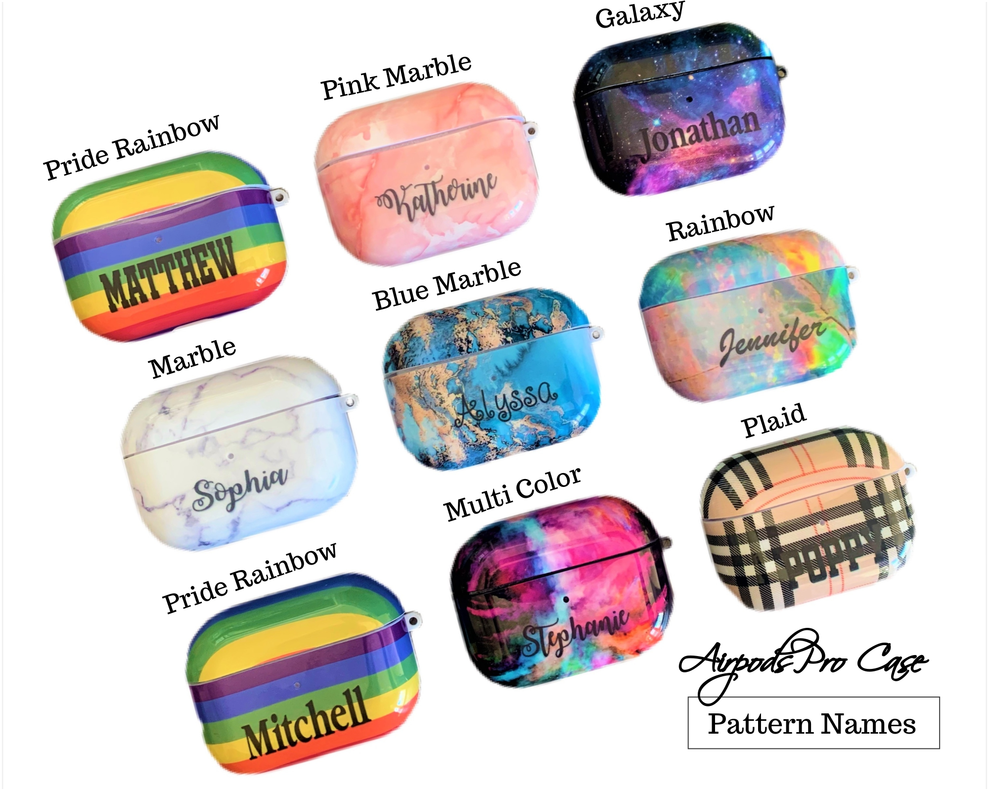 Custom AirPods Pro Case in various colors and designs, showcasing its stylish and protective features.