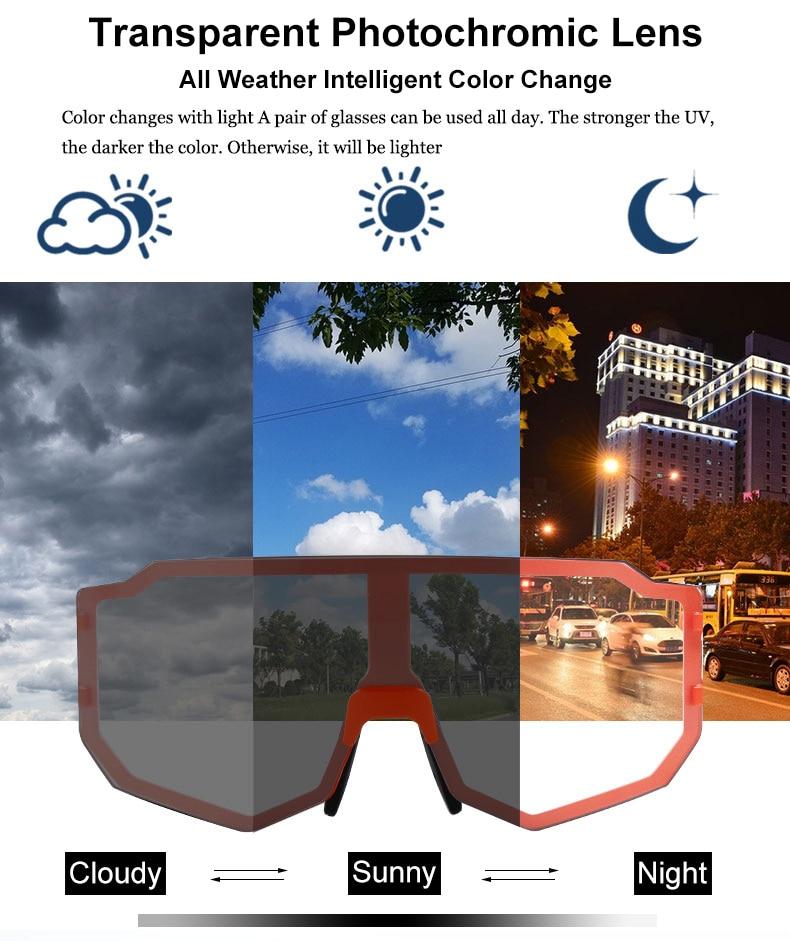 A pair of stylish photochromic cycling sunglasses designed for men and women, featuring UV protection and a lightweight frame.