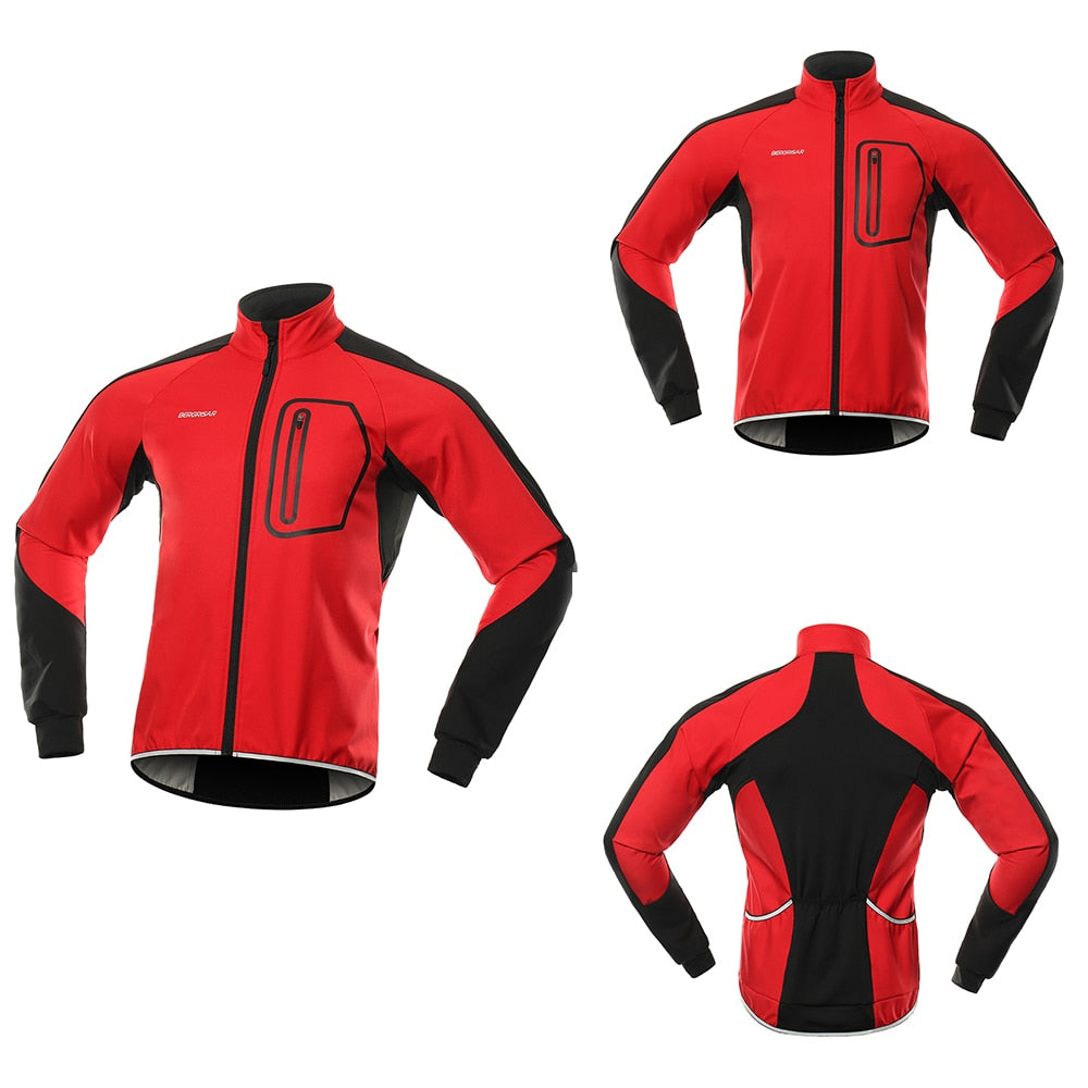 Men's winter cycling jacket in thermal softshell, windproof and waterproof, featuring reflective elements and multiple pockets.