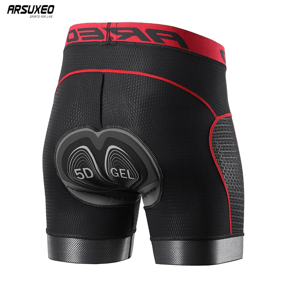 Men's cycling shorts featuring a 5D gel pad for comfort, made from quick-dry polyester and spandex, ideal for mountain biking.