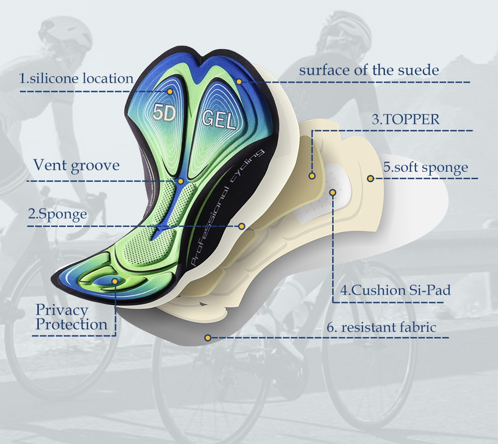 Men's cycling shorts featuring a 5D gel pad for comfort, made from quick-dry polyester and spandex, ideal for mountain biking.