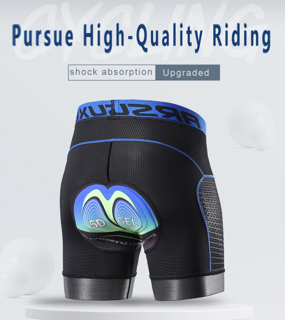 Men's cycling shorts featuring a 5D gel pad for comfort, made from quick-dry polyester and spandex, ideal for mountain biking.