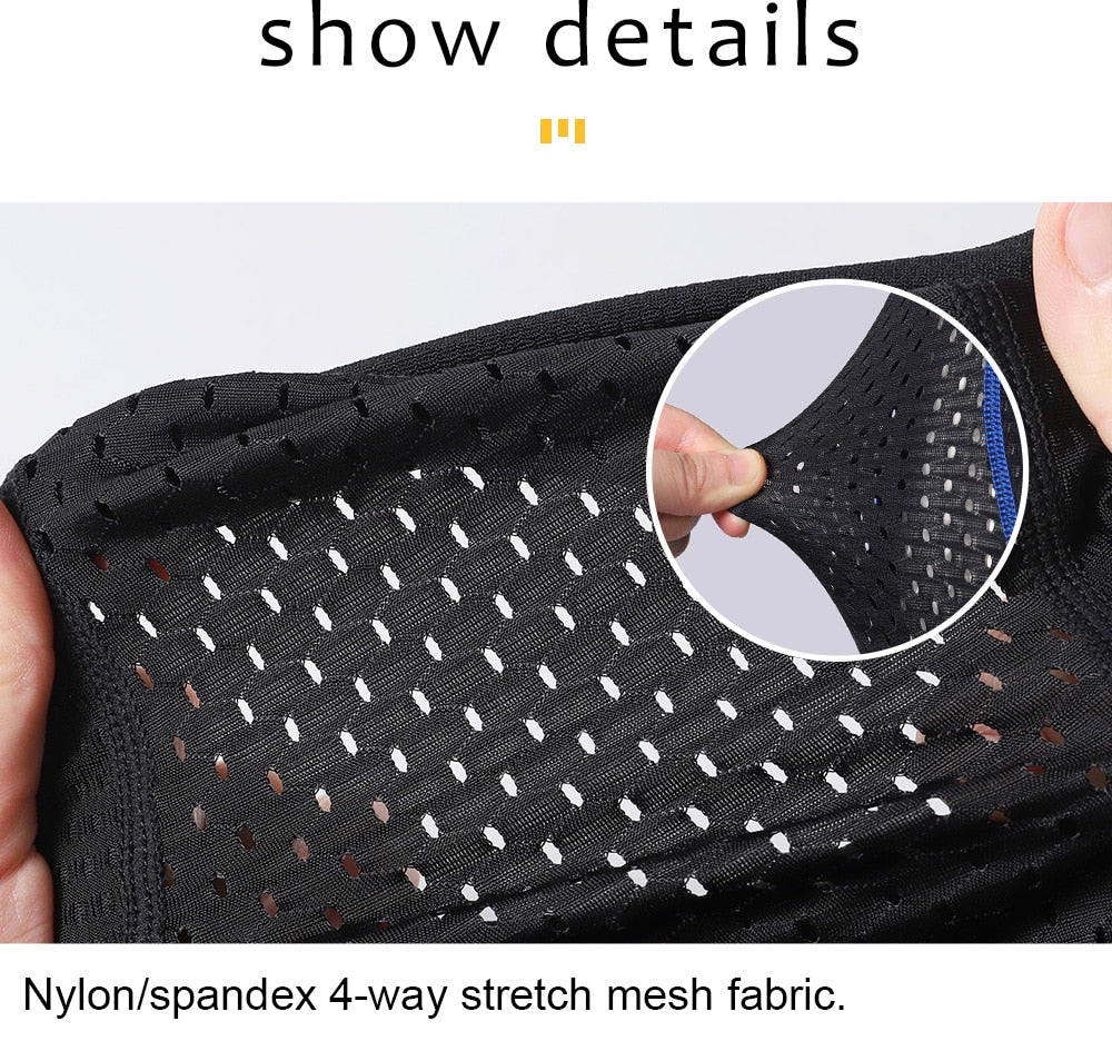 Men's cycling shorts featuring a 5D gel pad for comfort, made from quick-dry polyester and spandex, ideal for mountain biking.