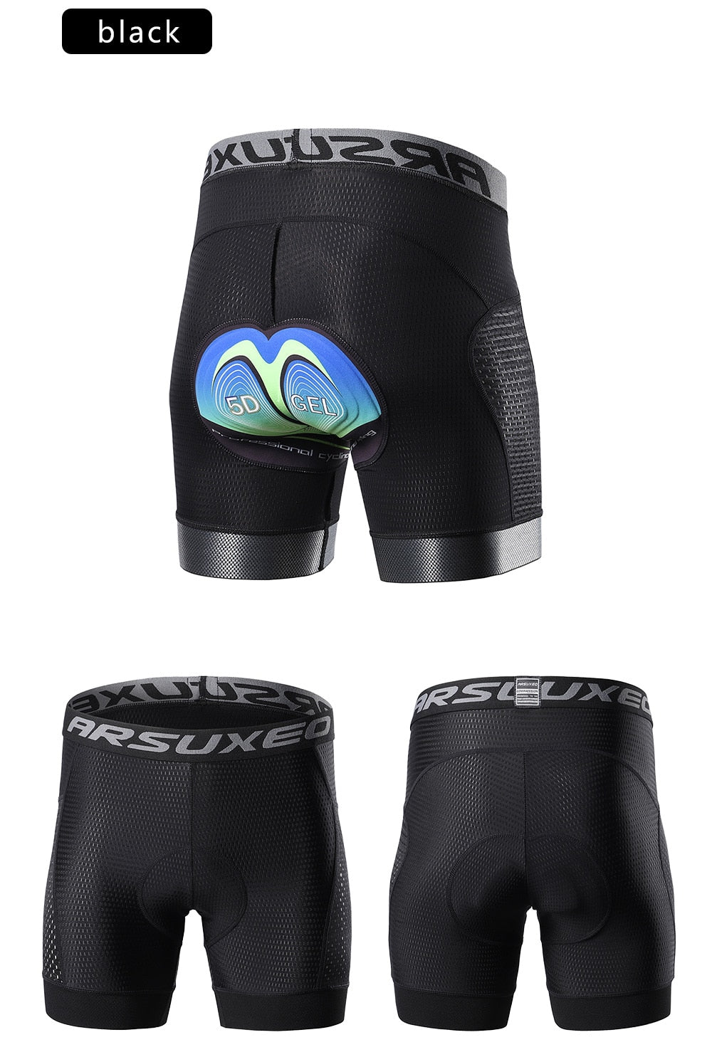 Men's cycling shorts featuring a 5D gel pad for comfort, made from quick-dry polyester and spandex, ideal for mountain biking.
