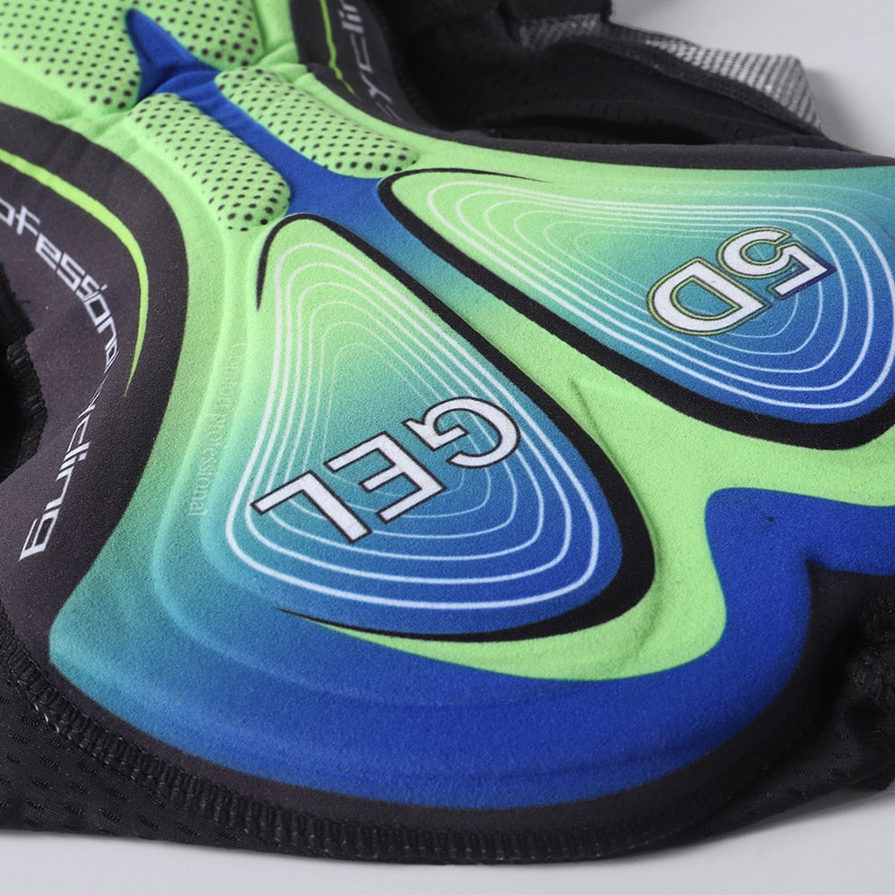 Men's cycling shorts featuring a 5D gel pad for comfort, made from quick-dry polyester and spandex, ideal for mountain biking.