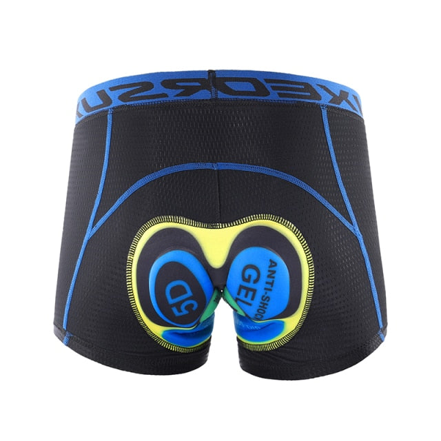 Men's cycling shorts featuring a 5D gel pad for comfort, made from quick-dry polyester and spandex, ideal for mountain biking.
