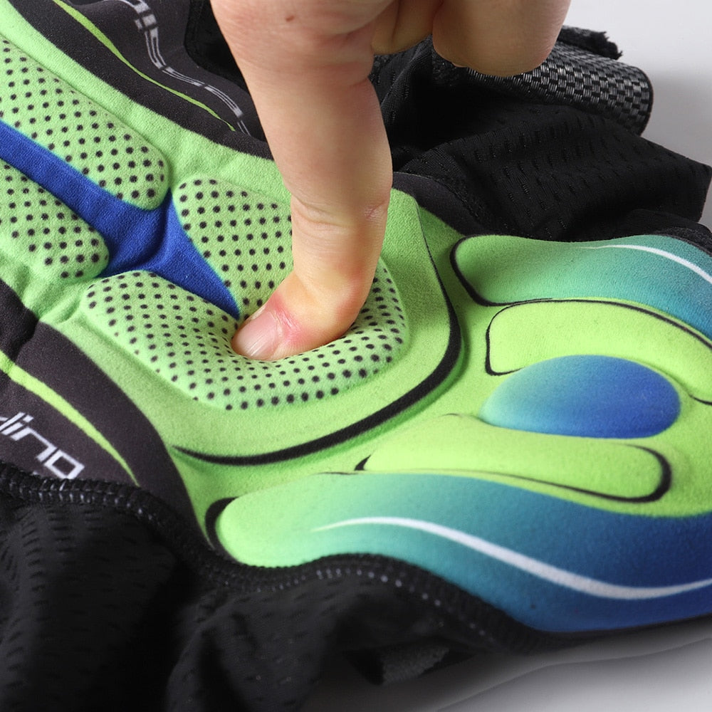 Men's cycling shorts featuring a 5D gel pad for comfort, made from quick-dry polyester and spandex, ideal for mountain biking.