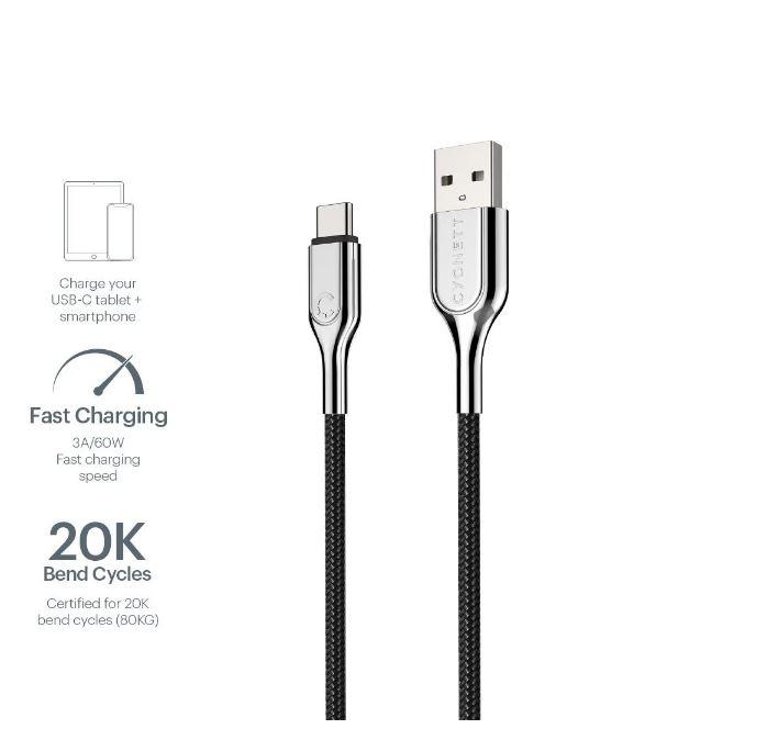 CYGNETT ARMOURED 2.0 USB-C to USB-A cable, 2 meters long, designed for durability and fast charging.