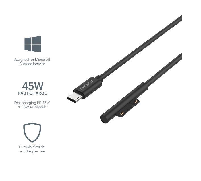 Cygnett Essential USB-C to Surface Cable Charger in black, designed for Microsoft Surface devices with a magnetic connection.